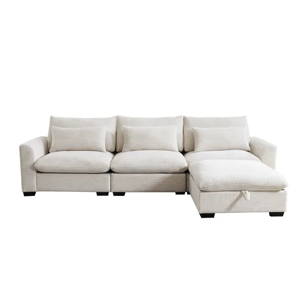 L-Shaped Corduroy Sectional Sofa Couch w/Storage Footstool and 3 Pillow-Black or Beige