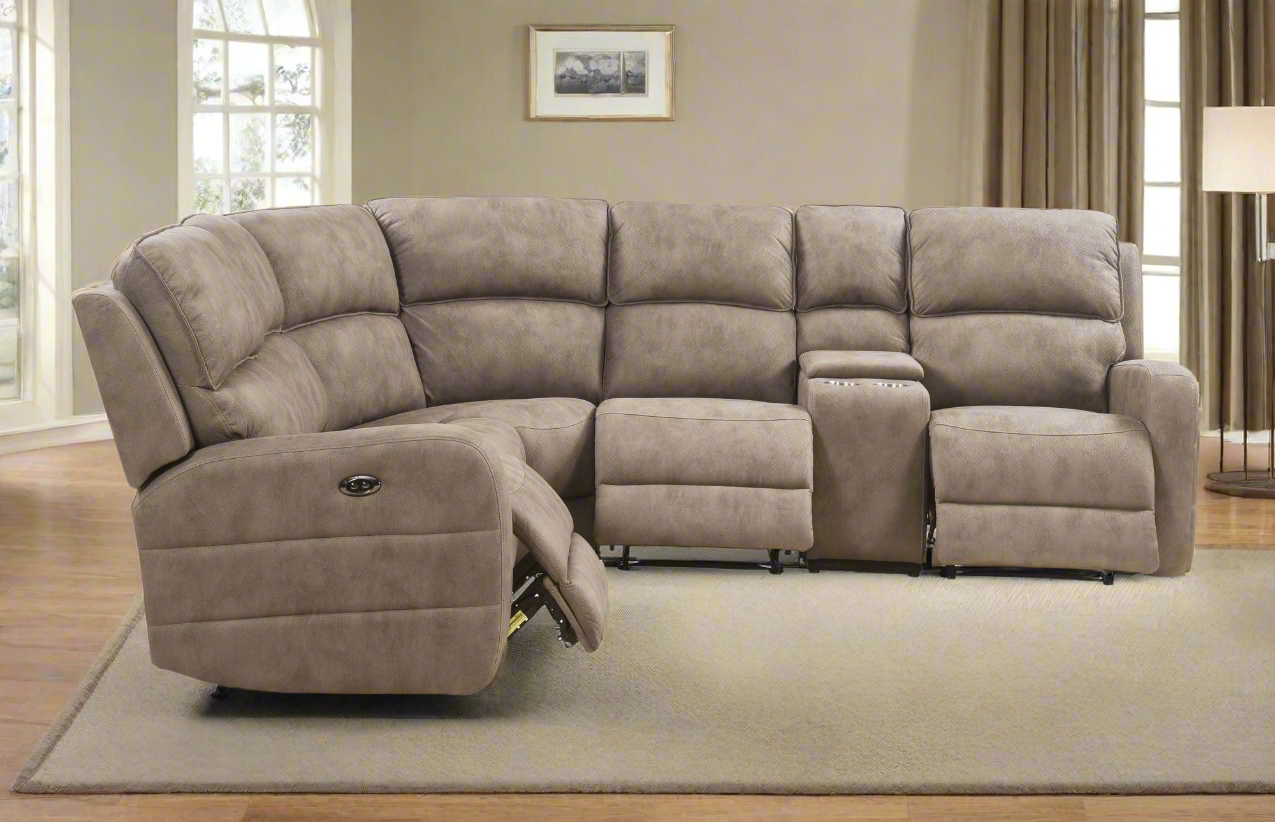Olwen Mocha Nubuck Power Recliner Sectional Sofa w/USB Port-Mocha