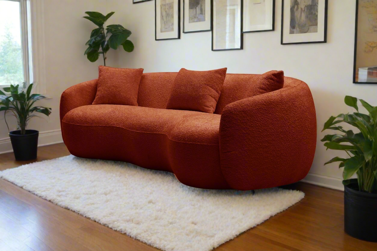 Mid Century Modern Curved Sofa, Boucle Fabric-Orange