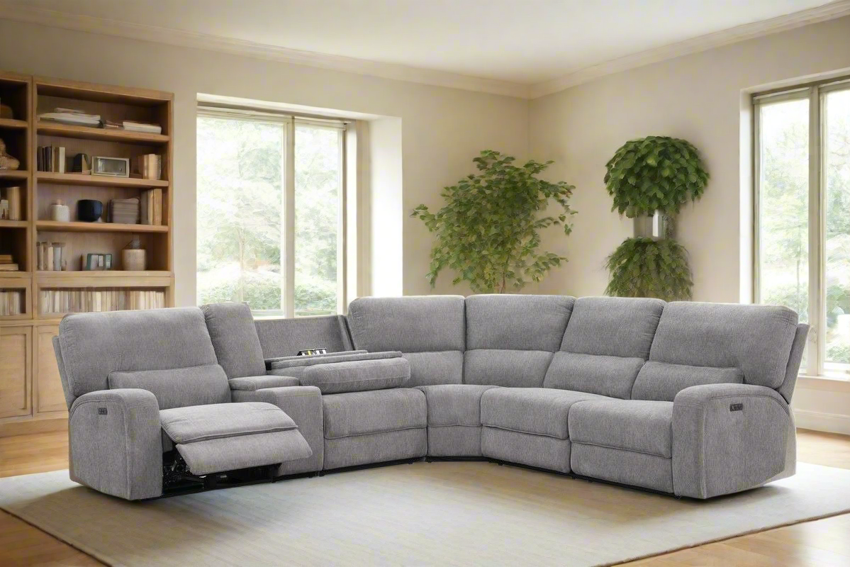 Modern Chenille Fabric Power Reclining Sectional w/Power Headrest, Charging Ports, Storage, and Cupholders-Light Gray