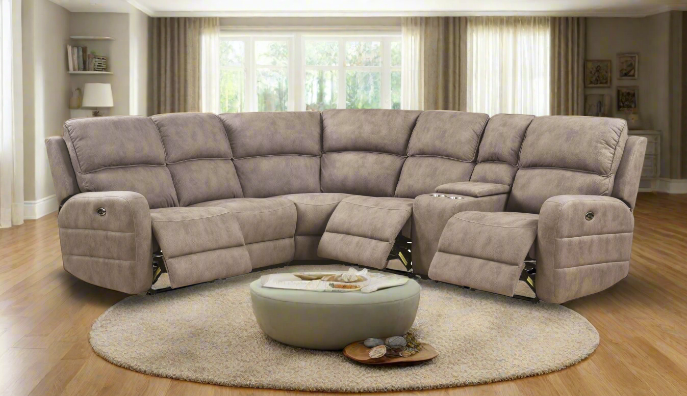 Olwen Mocha Nubuck Power Recliner Sectional Sofa w/USB Port-Mocha