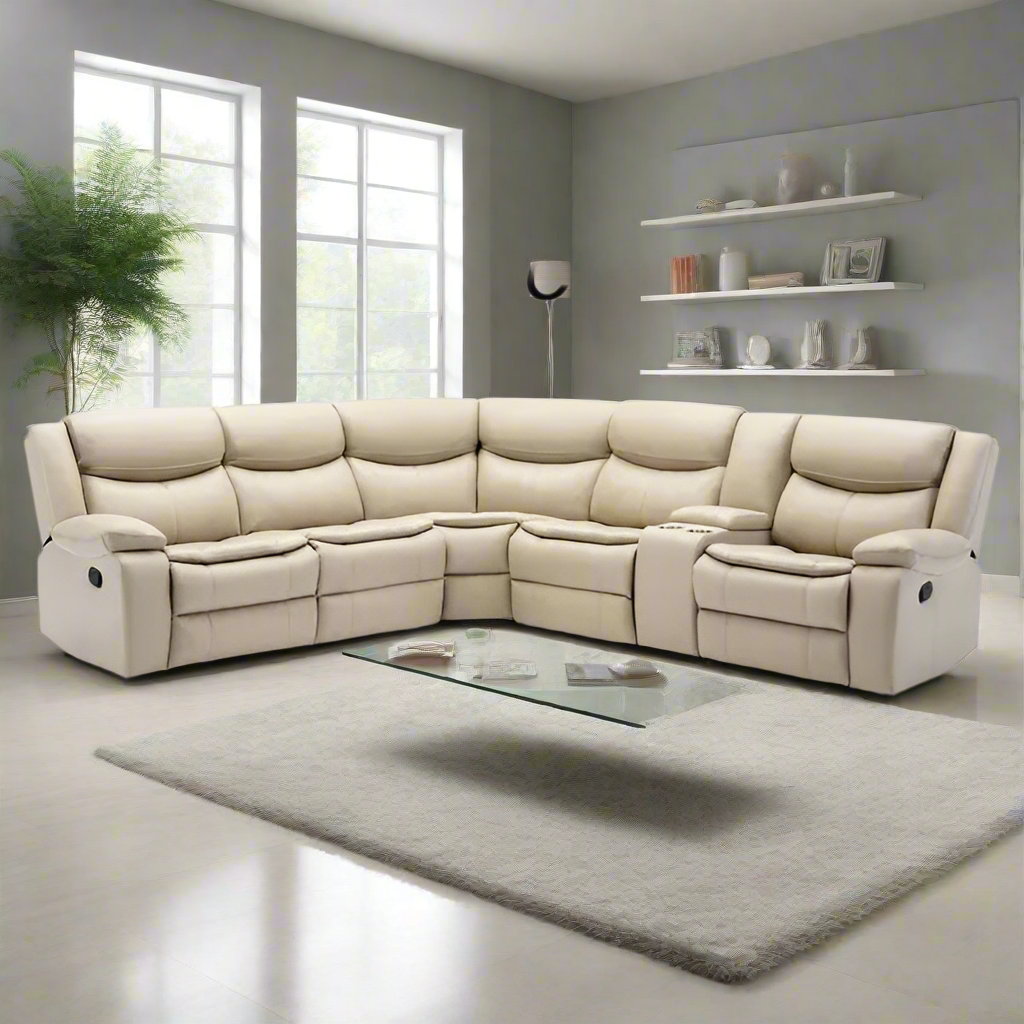 Modern L Shape Breath Leather Manual Reclining Sectional Sofa Set-Brown or Cream