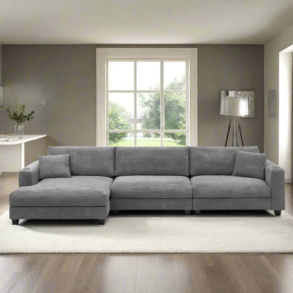 Oversized Corduroy Sectional Sofa, L Shaped Cloud Couch w/USB Charging Port, Cup Holder, Deep Seat Sofa Bed w/50" Chaise-Beige, Gray or Khaki