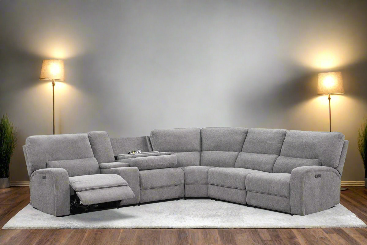 Modern Chenille Fabric Power Reclining Sectional w/Power Headrest, Charging Ports, Storage, and Cupholders-Light Gray