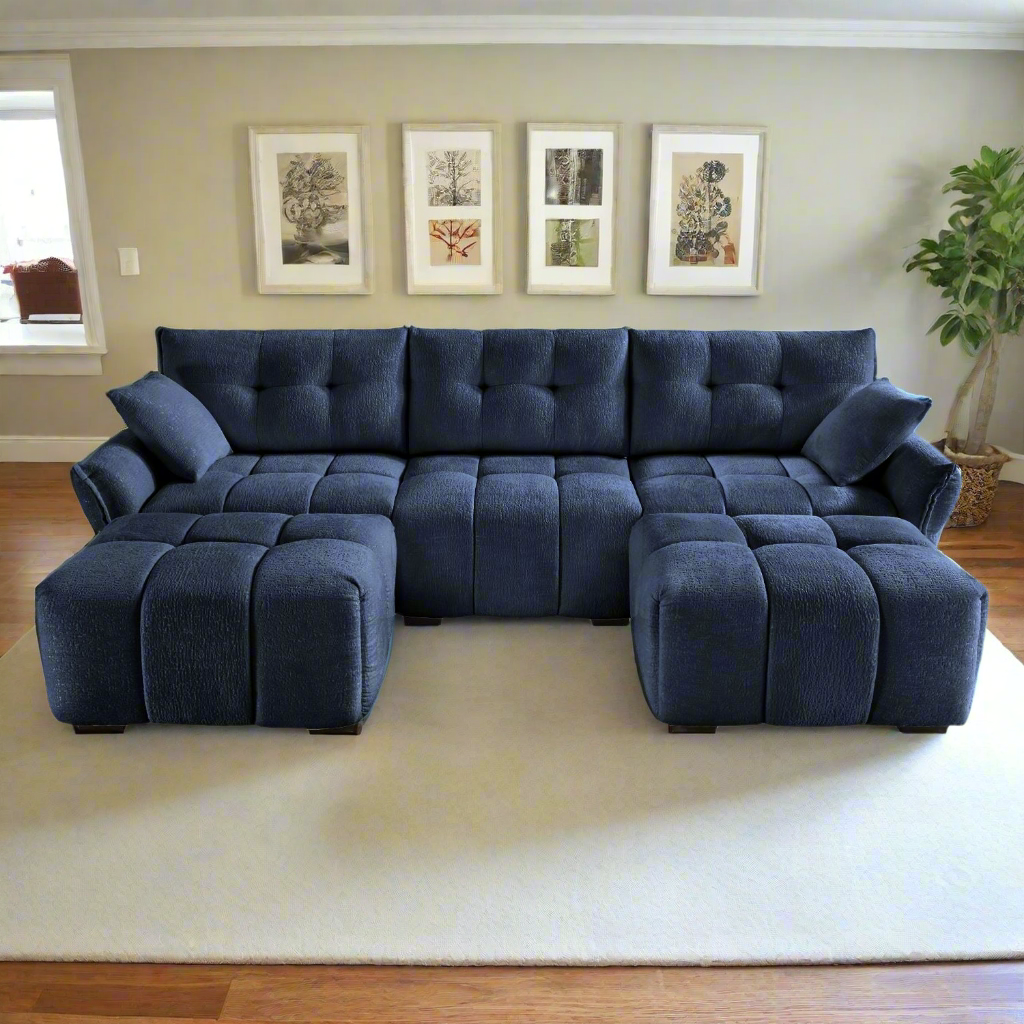 Modern 110" Elegant Textured Chenille Fabric 3-Seater Sofa Set w/2Ottomans, Throw Pillows, Sturdy Solid Wood Frame Couch-Blue