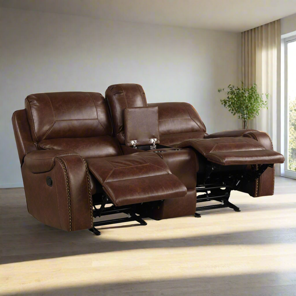 Achern Leather-Air Nailhead Manual Reclining 3pcs Sofa Set-Brown