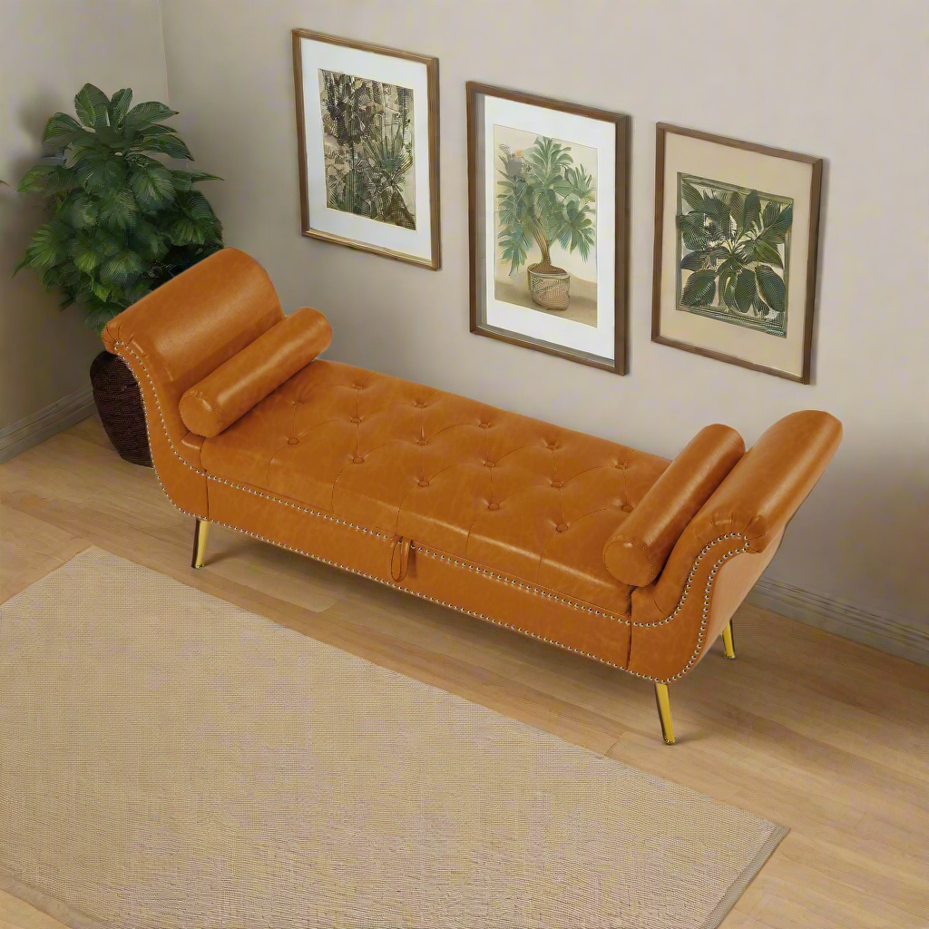 Sitting Bench PU Leather w/Storage Space and 2 Pillows-Brown or White