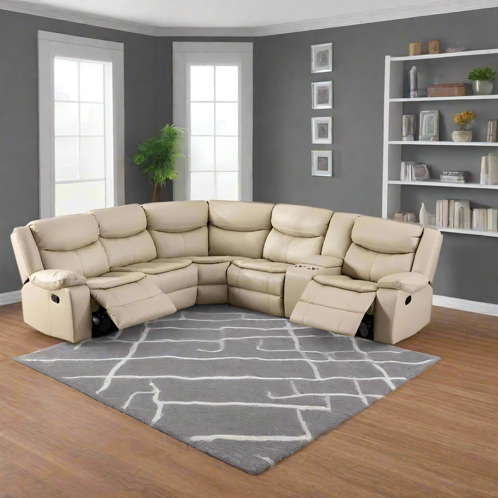 Modern L Shape Breath Leather Manual Reclining Sectional Sofa Set-Brown or Cream
