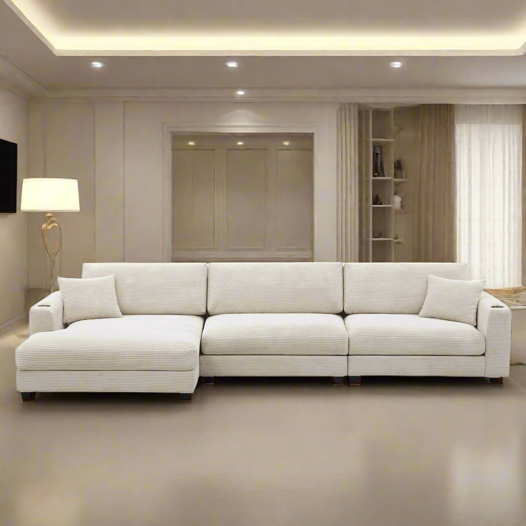 Oversized Corduroy Sectional Sofa, L Shaped Cloud Couch w/USB Charging Port, Cup Holder, Deep Seat Sofa Bed w/50" Chaise-Beige, Gray or Khaki