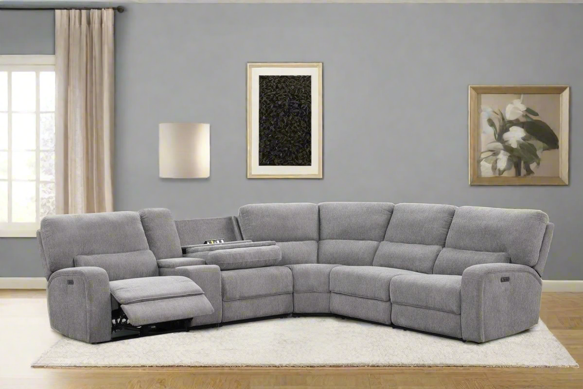 Modern Chenille Fabric Power Reclining Sectional w/Power Headrest, Charging Ports, Storage, and Cupholders-Light Gray