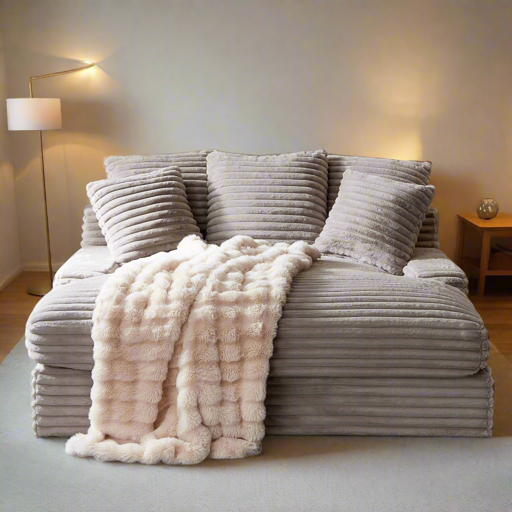 Modern Double Sleeper Sofa Comfortable Cloud Couch, Fluffy Corduroy Upholstery w/Square Armrests-Grayish Brown