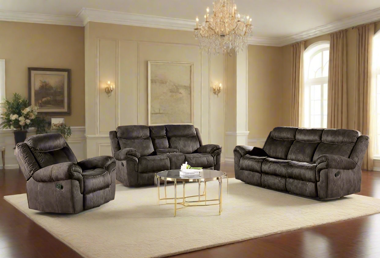 Modern Two-Toned Gray Velvet 3pcs Recliner Set-Two Tone Gray or Chocolate Brown