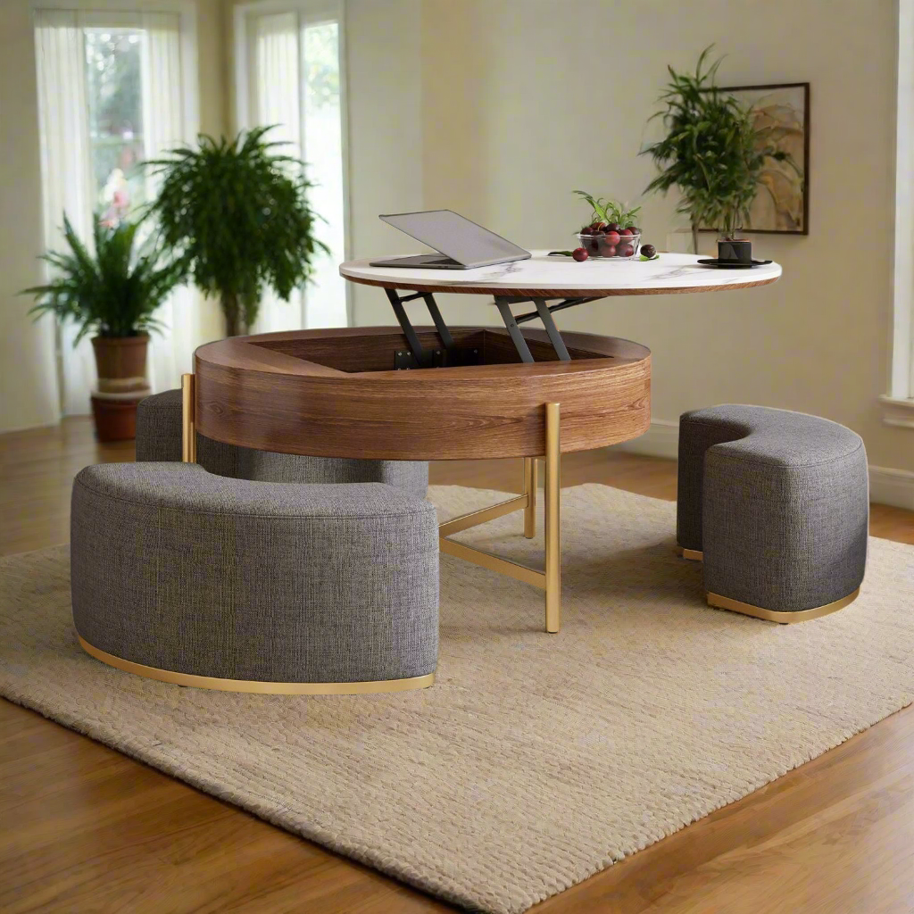 Modern Lift-Top Round Coffee Table w/Hidden Storage, Walnut Veneer & Sintered Stone Top, 3 Upholstered Nesting Ottomans, Space-Saving Design-Brown/Gray or Natural/Gray