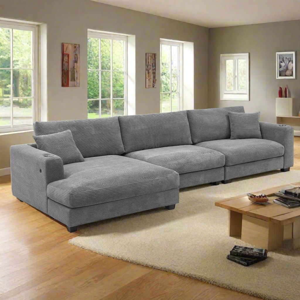 Oversized Corduroy Sectional Sofa, L Shaped Cloud Couch w/USB Charging Port, Cup Holder, Deep Seat Sofa Bed w/50" Chaise-Beige, Gray or Khaki