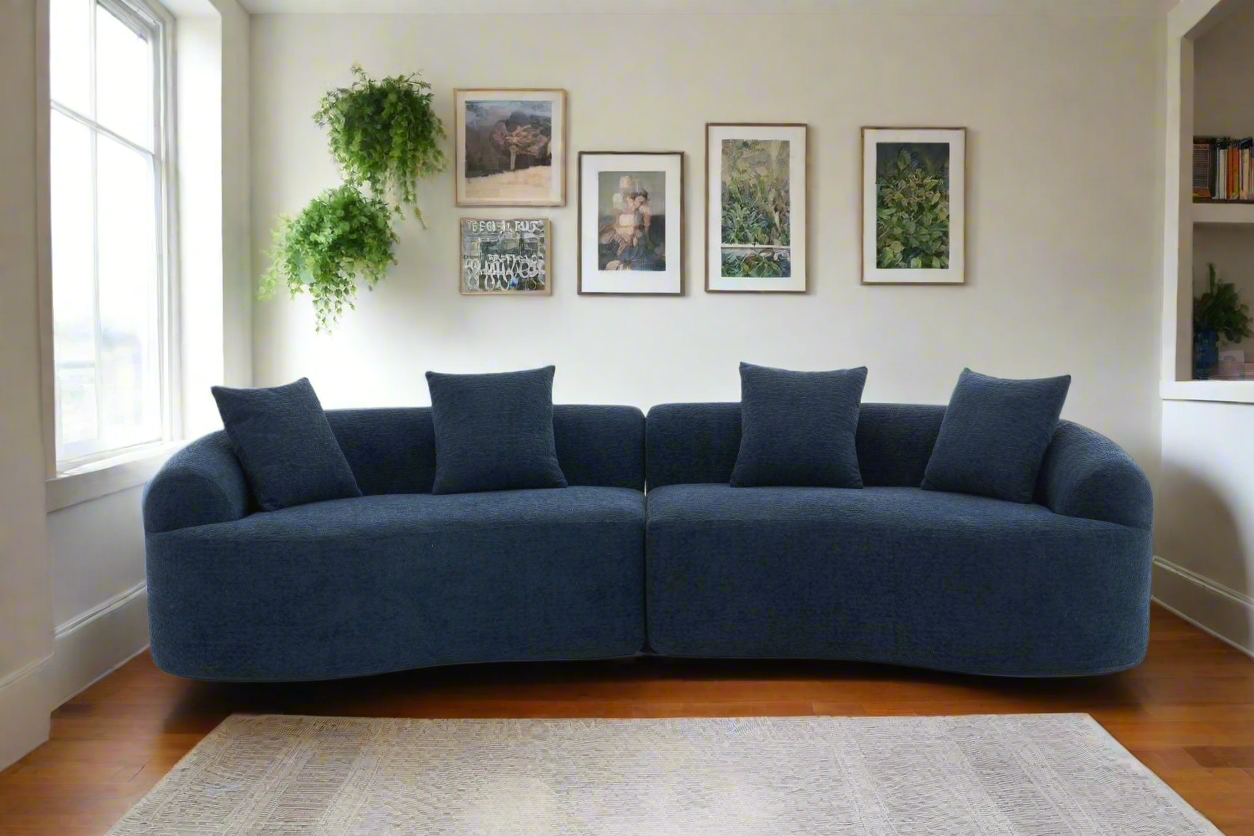 Curved Modular Sectional, Compression Sponge Sofa, 30D High-Density Chenille Sleeper Couch-Antique Blue