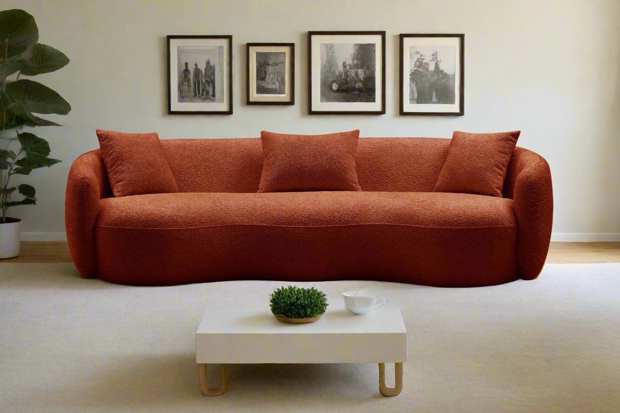 Mid Century Modern Curved Sofa, Boucle Fabric-Orange