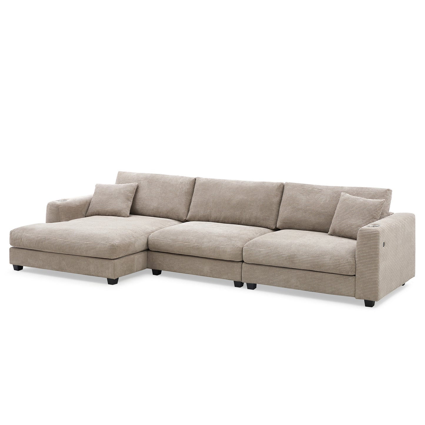 Oversized Corduroy Sectional Sofa, L Shaped Cloud Couch w/USB Charging Port, Cup Holder, Deep Seat Sofa Bed w/50" Chaise-Beige, Gray or Khaki
