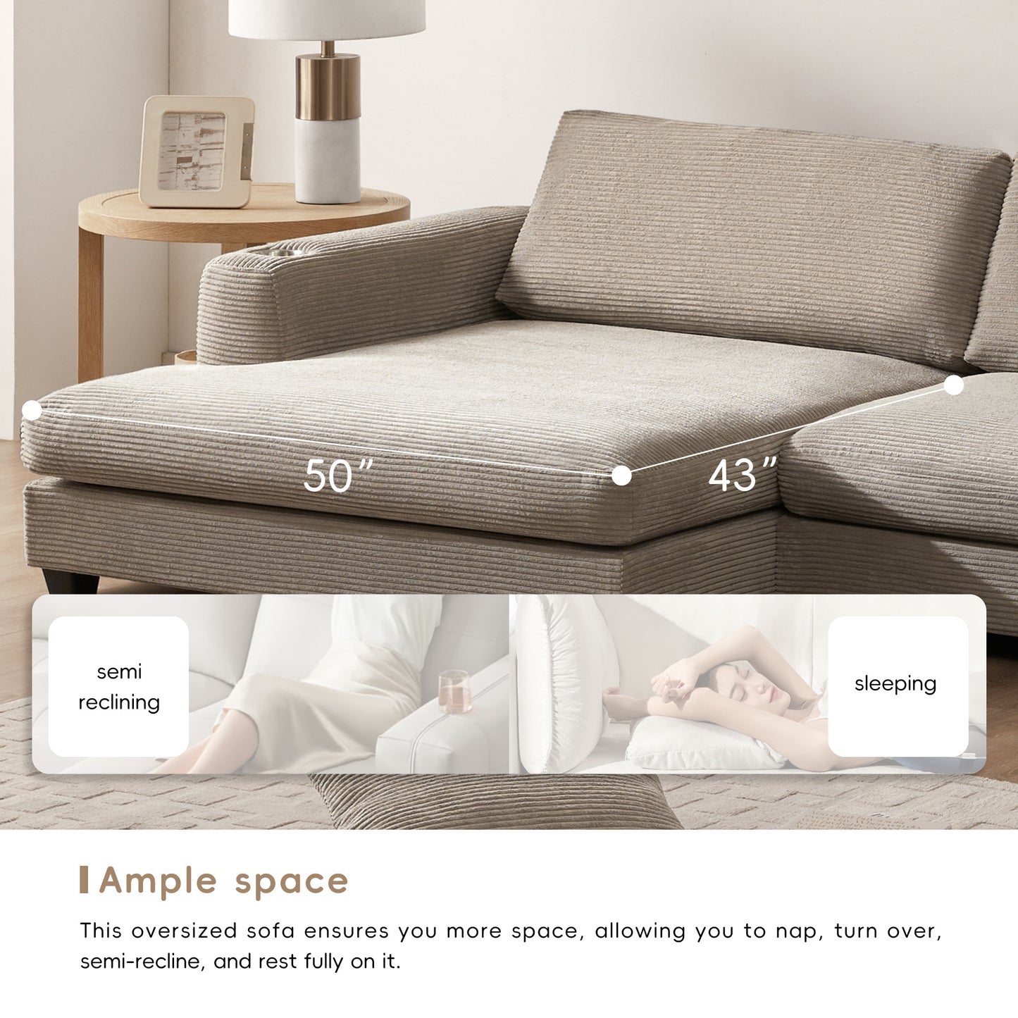 Oversized Corduroy Sectional Sofa, L Shaped Cloud Couch w/USB Charging Port, Cup Holder, Deep Seat Sofa Bed w/50" Chaise-Beige, Gray or Khaki