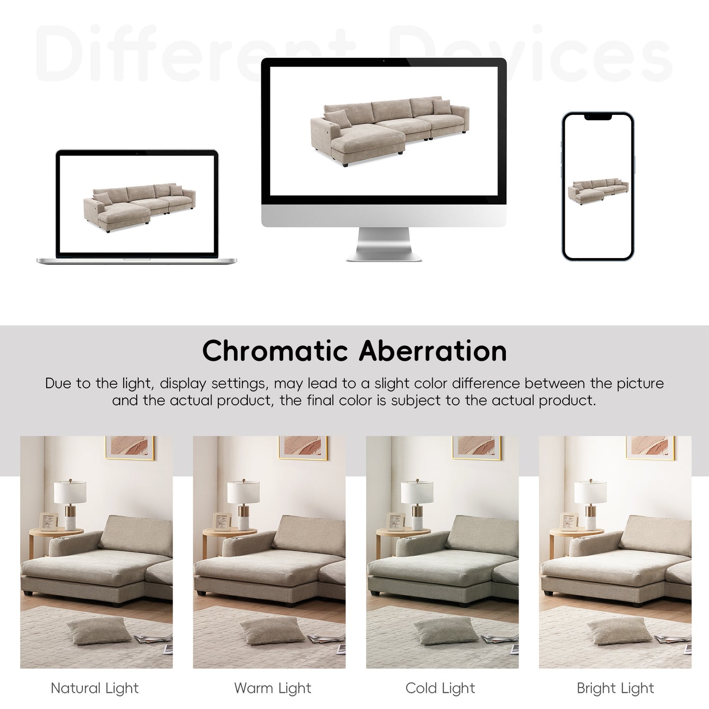 Oversized Corduroy Sectional Sofa, L Shaped Cloud Couch w/USB Charging Port, Cup Holder, Deep Seat Sofa Bed w/50" Chaise-Beige, Gray or Khaki