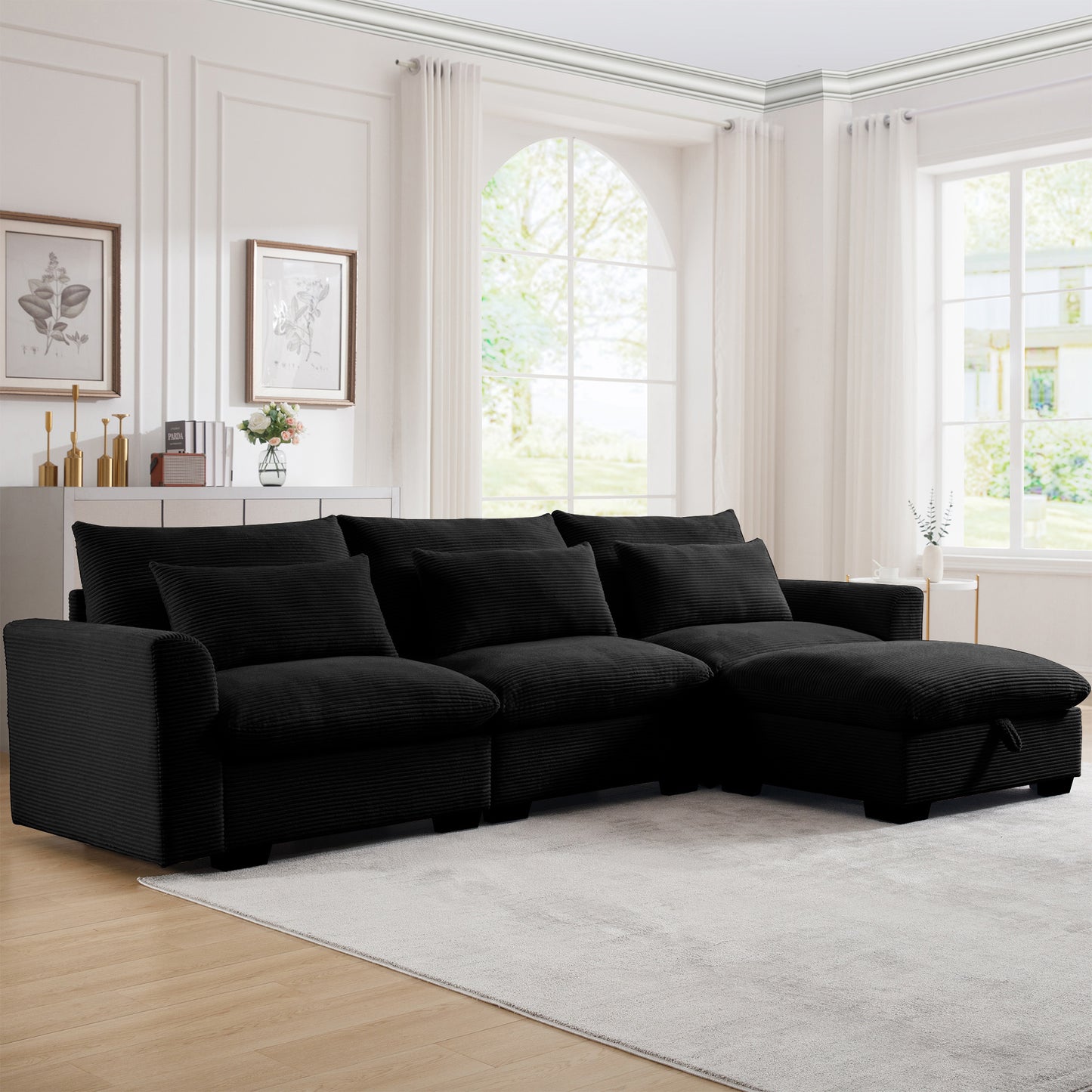 L-Shaped Corduroy Sectional Sofa Couch w/Storage Footstool and 3 Pillow-Black or Beige