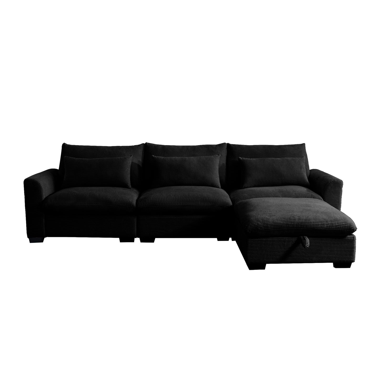 L-Shaped Corduroy Sectional Sofa Couch w/Storage Footstool and 3 Pillow-Black or Beige