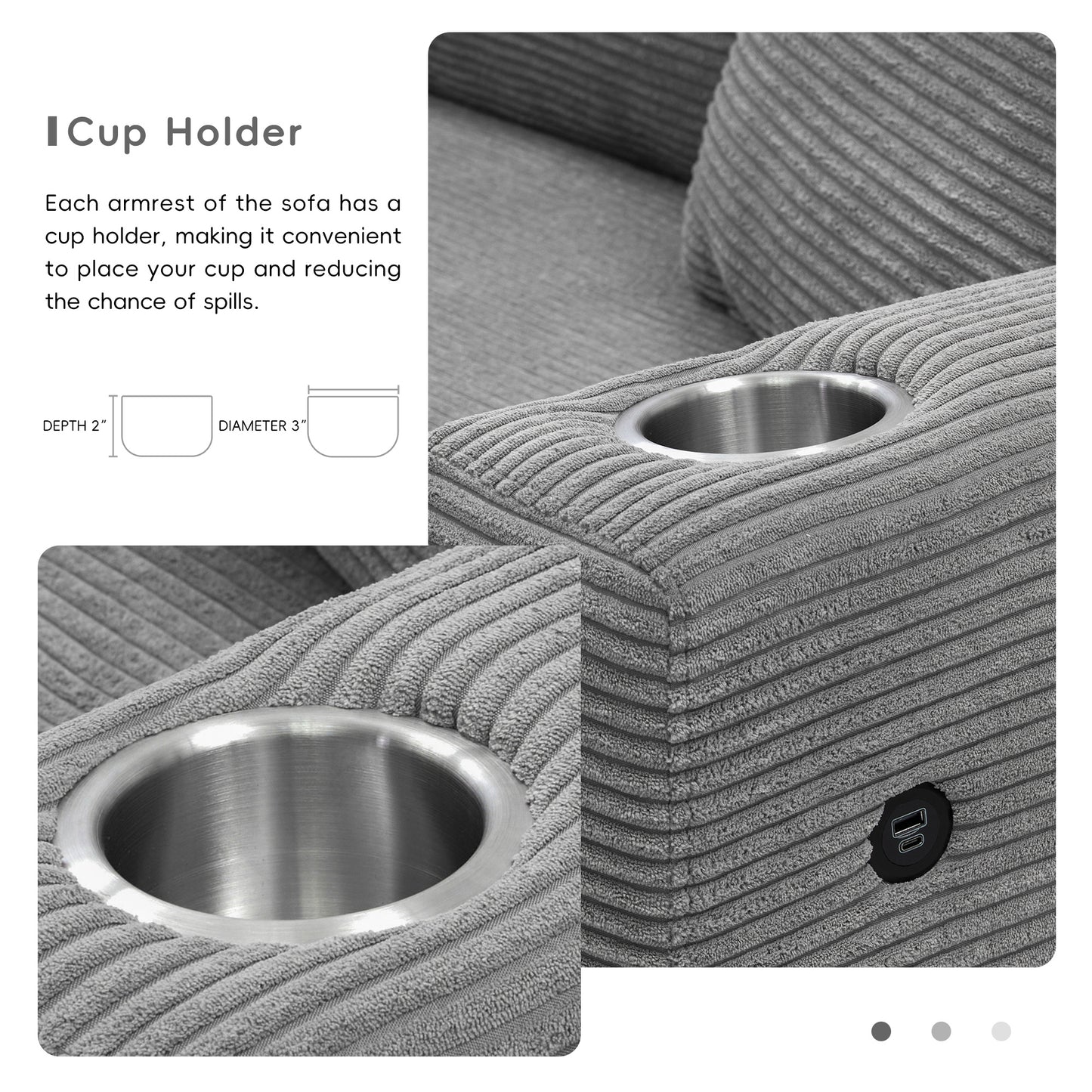 Oversized Corduroy Sectional Sofa, L Shaped Cloud Couch w/USB Charging Port, Cup Holder, Deep Seat Sofa Bed w/50" Chaise-Beige, Gray or Khaki