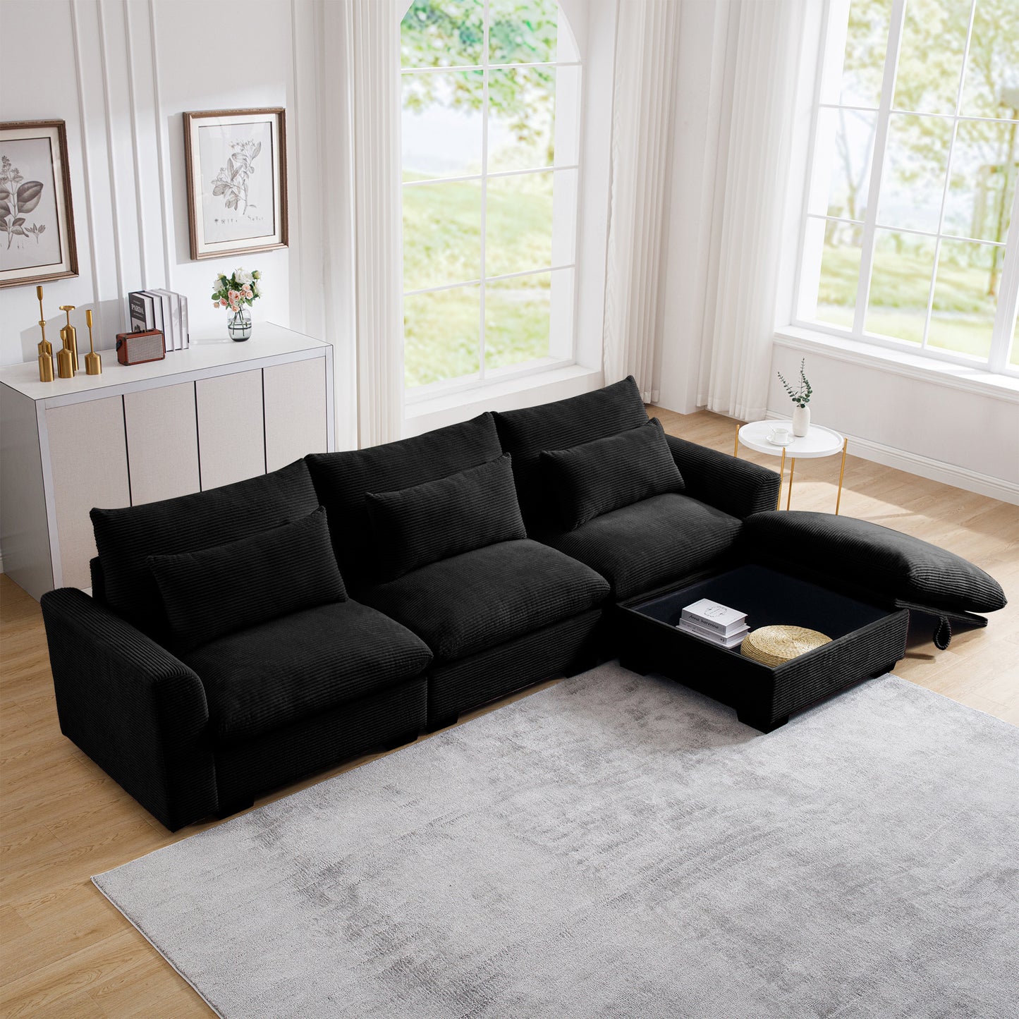 L-Shaped Corduroy Sectional Sofa Couch w/Storage Footstool and 3 Pillow-Black or Beige