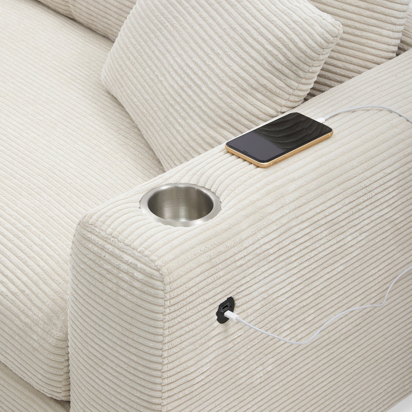 Oversized Corduroy Sectional Sofa, L Shaped Cloud Couch w/USB Charging Port, Cup Holder, Deep Seat Sofa Bed w/50" Chaise-Beige, Gray or Khaki
