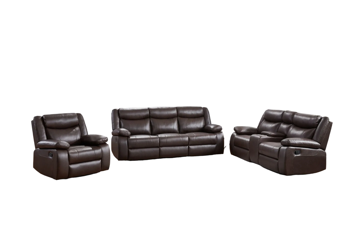 3 Piece Manual Recliner Sofa Set, Bonded Leather Reclining Couch Sets (3-Seater Sofa, 2-Seater Loveseat, 1-Seater Chair) w/Storage Console & Cup Holders-Brown