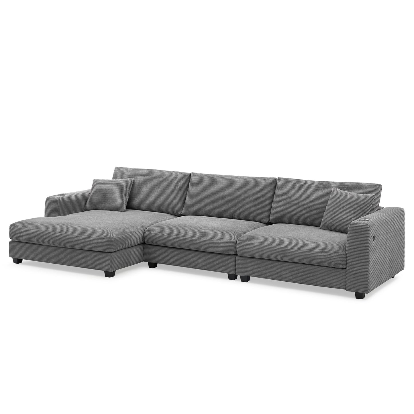 Oversized Corduroy Sectional Sofa, L Shaped Cloud Couch w/USB Charging Port, Cup Holder, Deep Seat Sofa Bed w/50" Chaise-Beige, Gray or Khaki