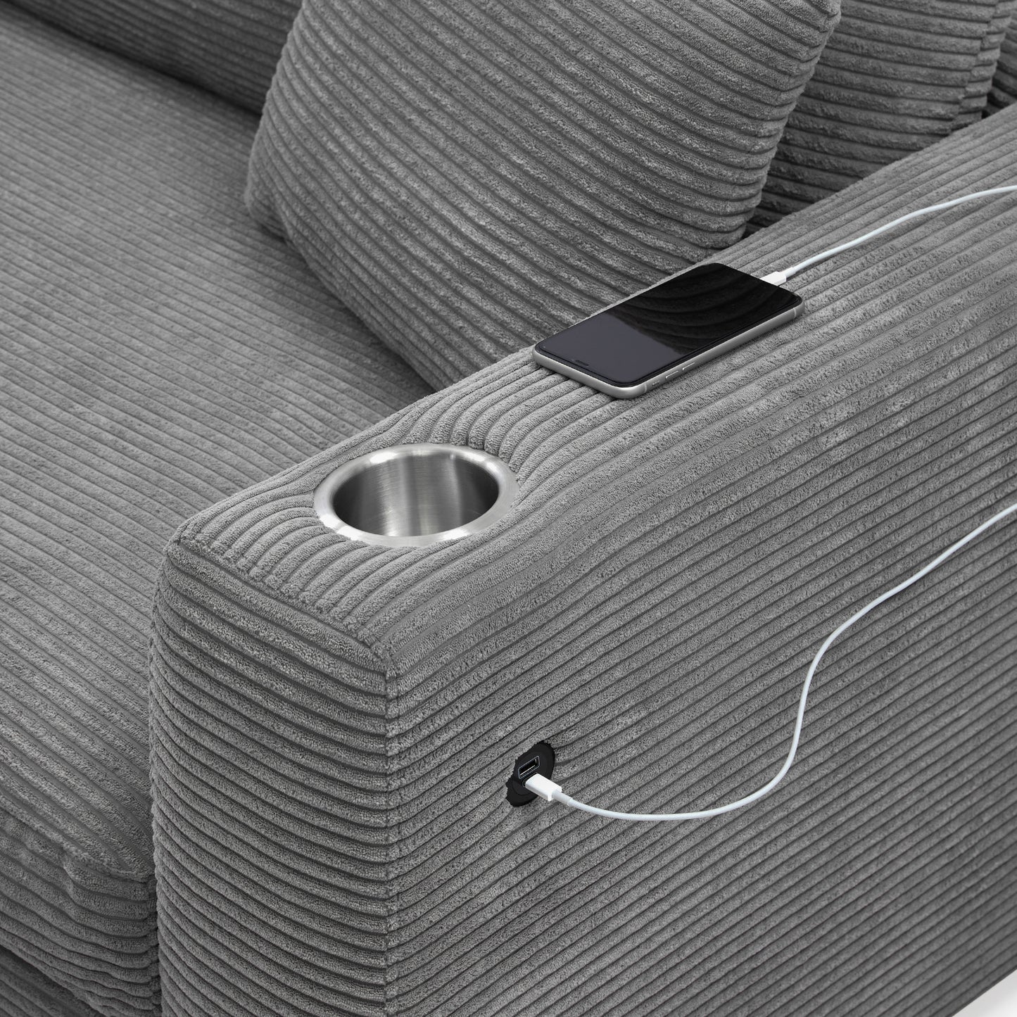 Oversized Corduroy Sectional Sofa, L Shaped Cloud Couch w/USB Charging Port, Cup Holder, Deep Seat Sofa Bed w/50" Chaise-Beige, Gray or Khaki