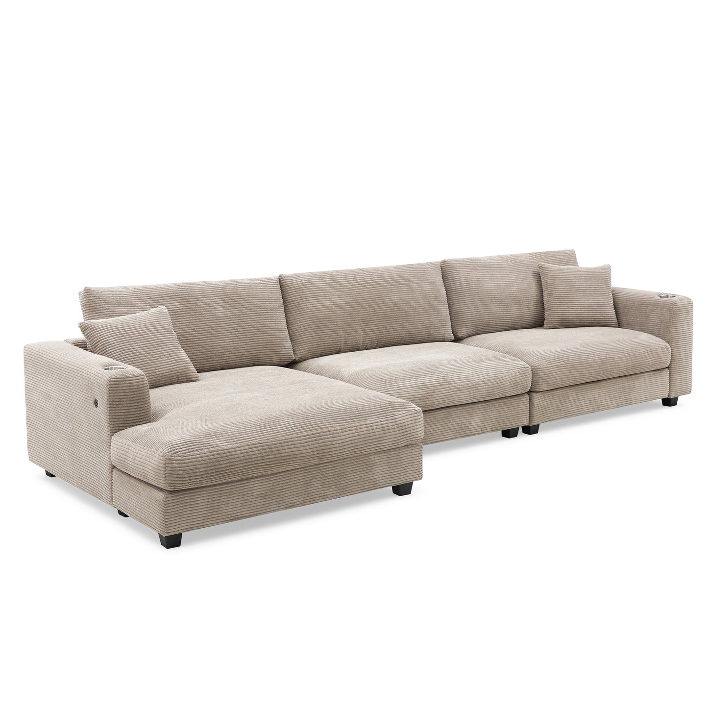 Oversized Corduroy Sectional Sofa, L Shaped Cloud Couch w/USB Charging Port, Cup Holder, Deep Seat Sofa Bed w/50" Chaise-Beige, Gray or Khaki