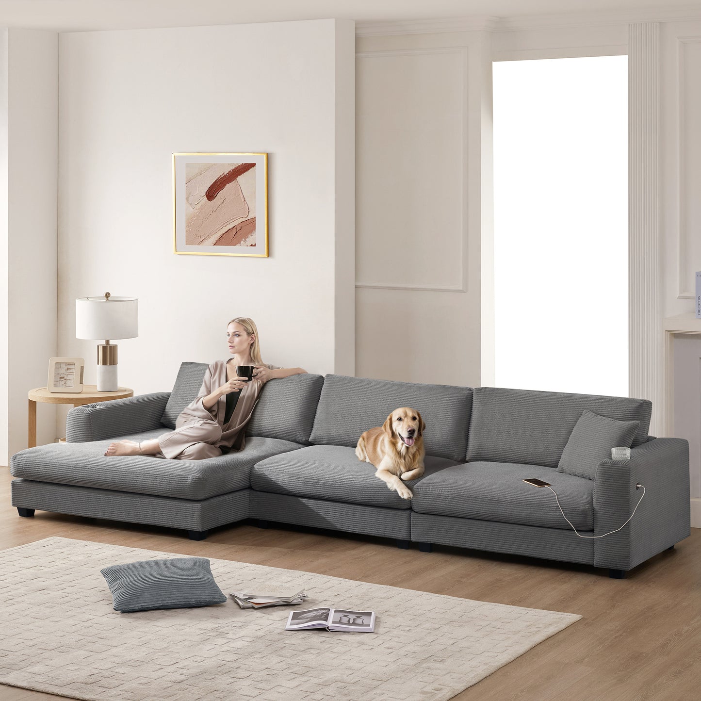 Oversized Corduroy Sectional Sofa, L Shaped Cloud Couch w/USB Charging Port, Cup Holder, Deep Seat Sofa Bed w/50" Chaise-Beige, Gray or Khaki