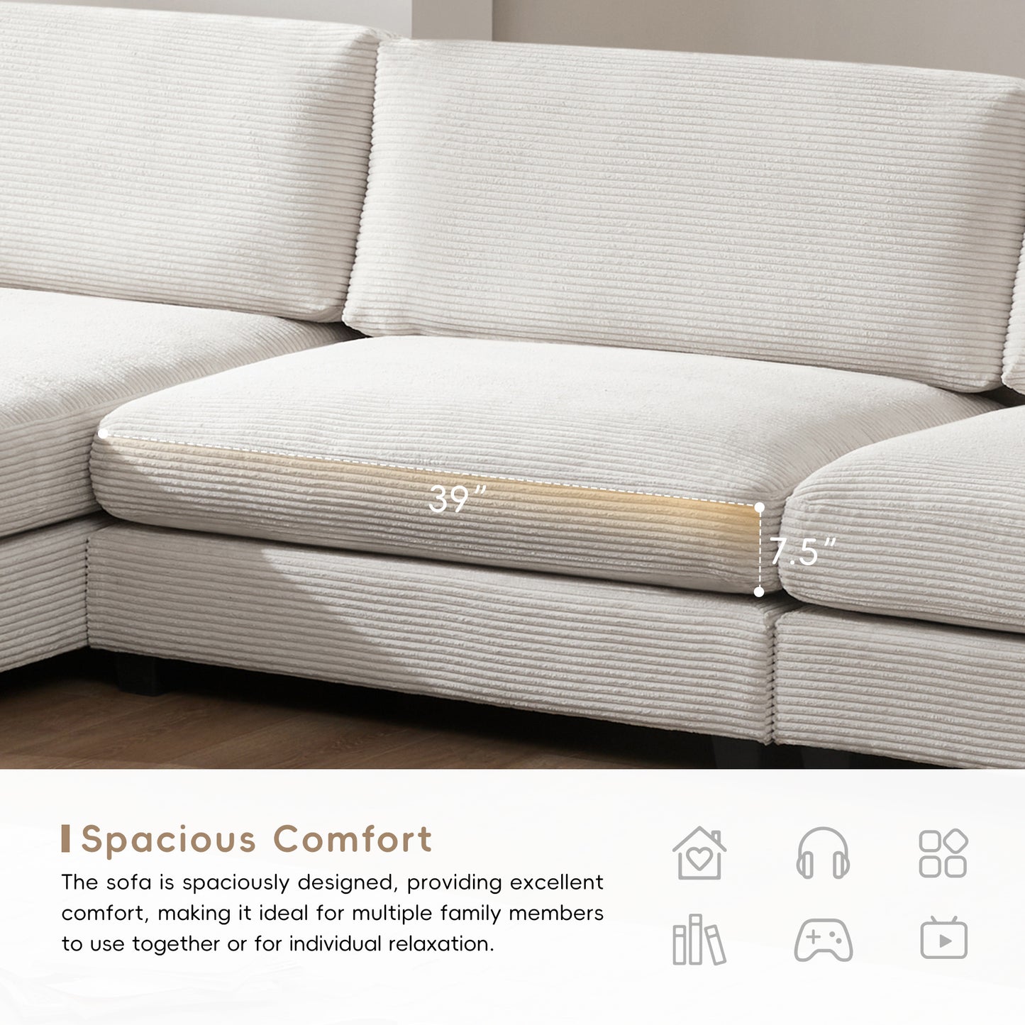 Oversized Corduroy Sectional Sofa, L Shaped Cloud Couch w/USB Charging Port, Cup Holder, Deep Seat Sofa Bed w/50" Chaise-Beige, Gray or Khaki