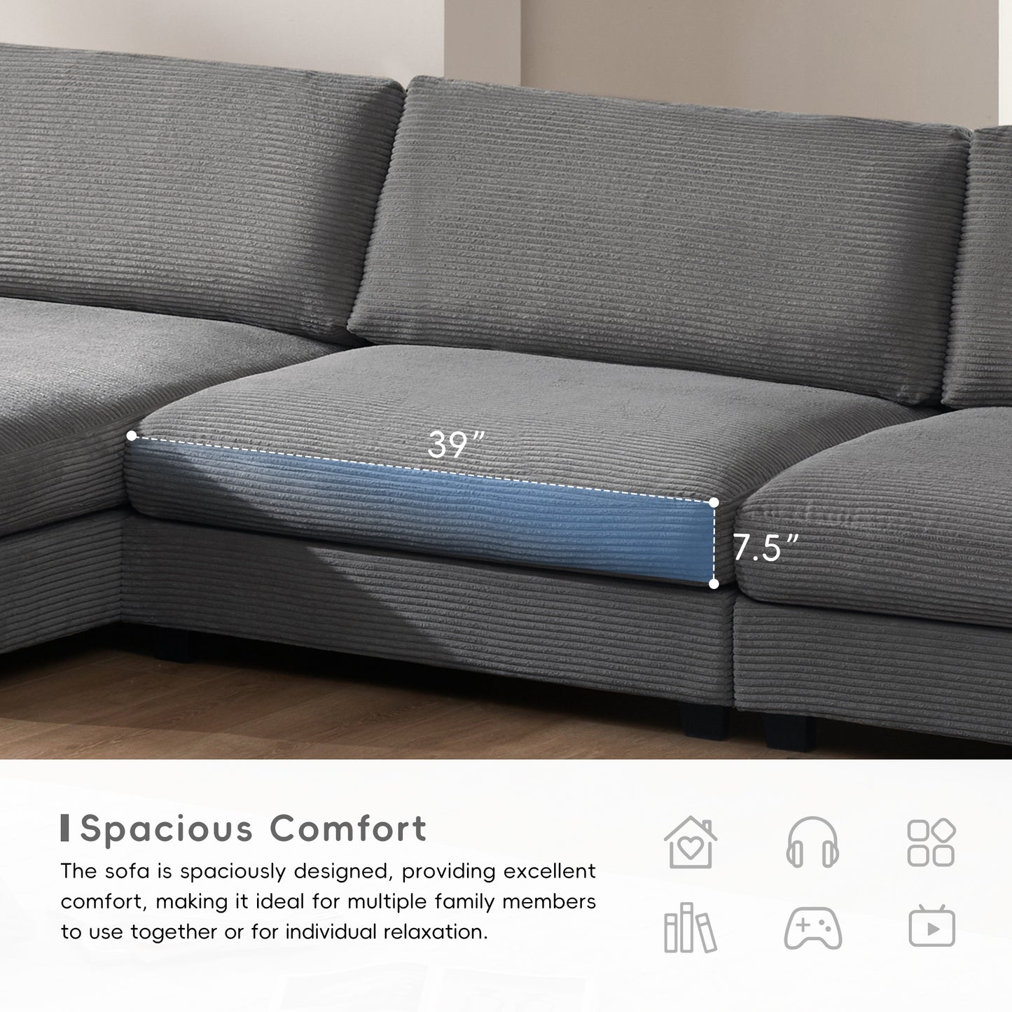 Oversized Corduroy Sectional Sofa, L Shaped Cloud Couch w/USB Charging Port, Cup Holder, Deep Seat Sofa Bed w/50" Chaise-Beige, Gray or Khaki