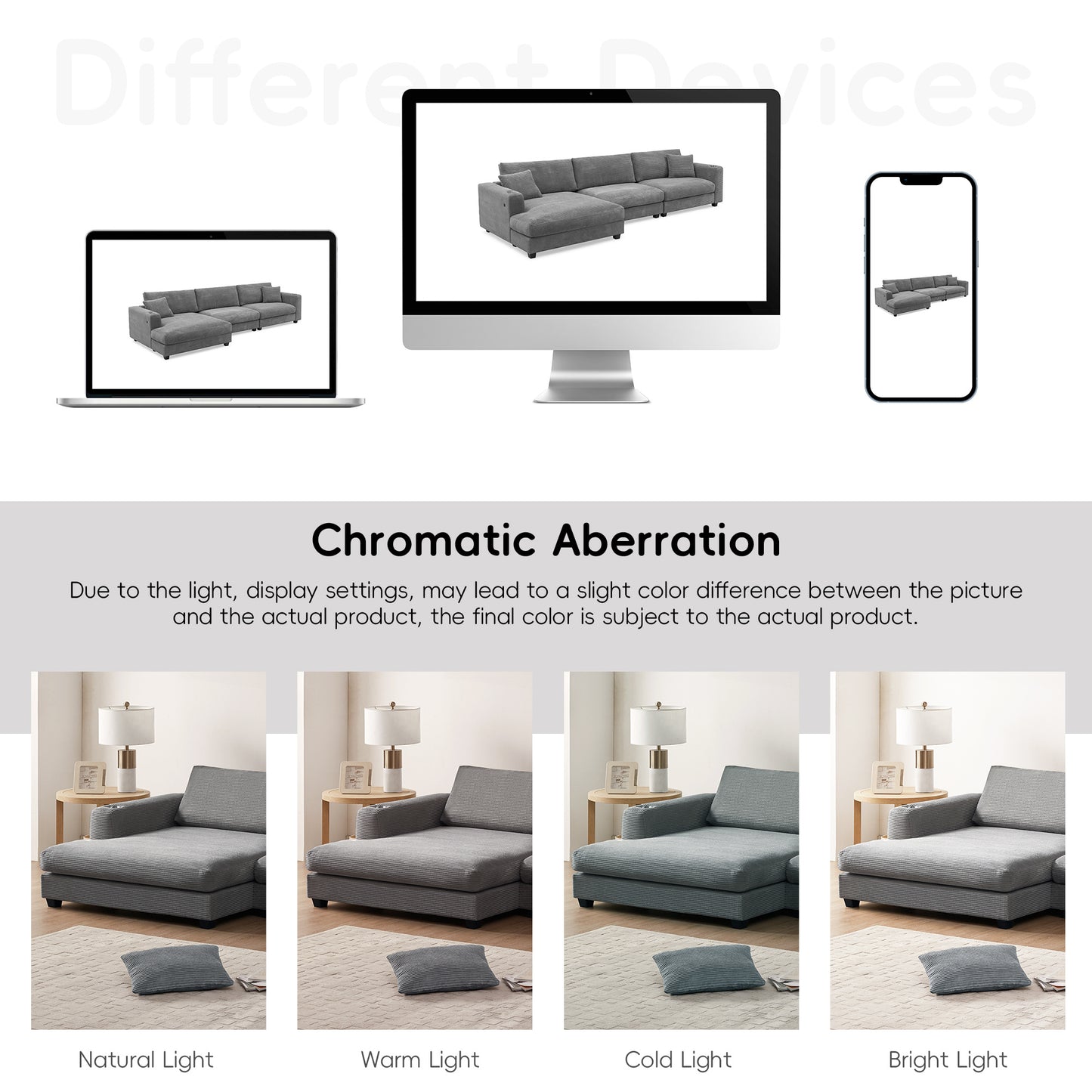 Oversized Corduroy Sectional Sofa, L Shaped Cloud Couch w/USB Charging Port, Cup Holder, Deep Seat Sofa Bed w/50" Chaise-Beige, Gray or Khaki