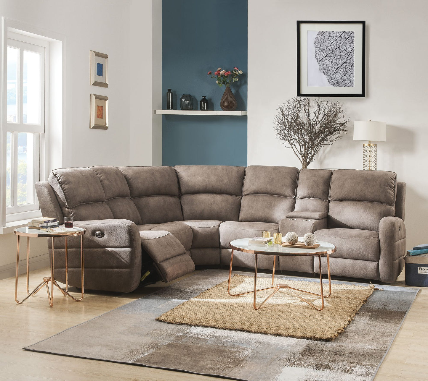 Olwen Mocha Nubuck Power Recliner Sectional Sofa w/USB Port-Mocha