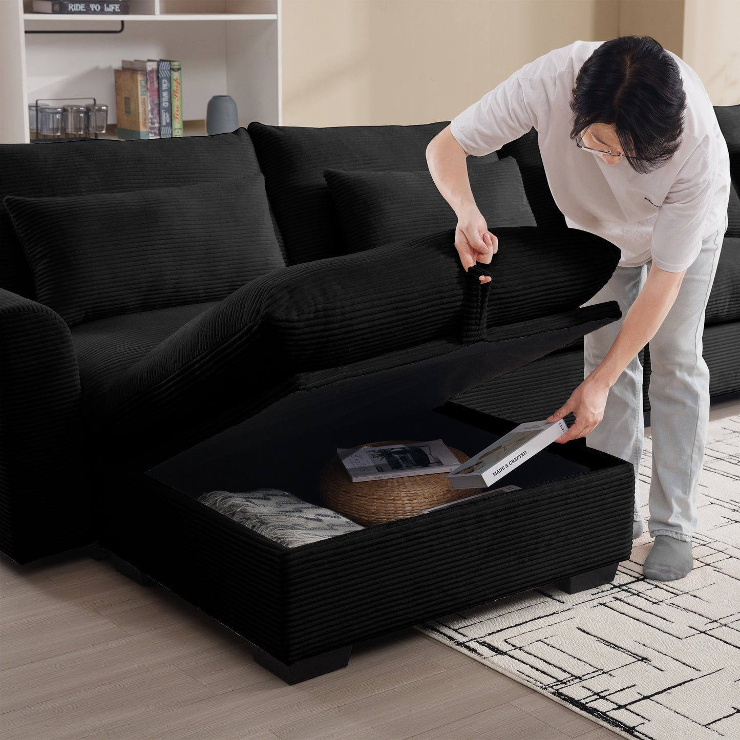 L-Shaped Corduroy Sectional Sofa Couch w/Storage Footstool and 3 Pillow-Black or Beige