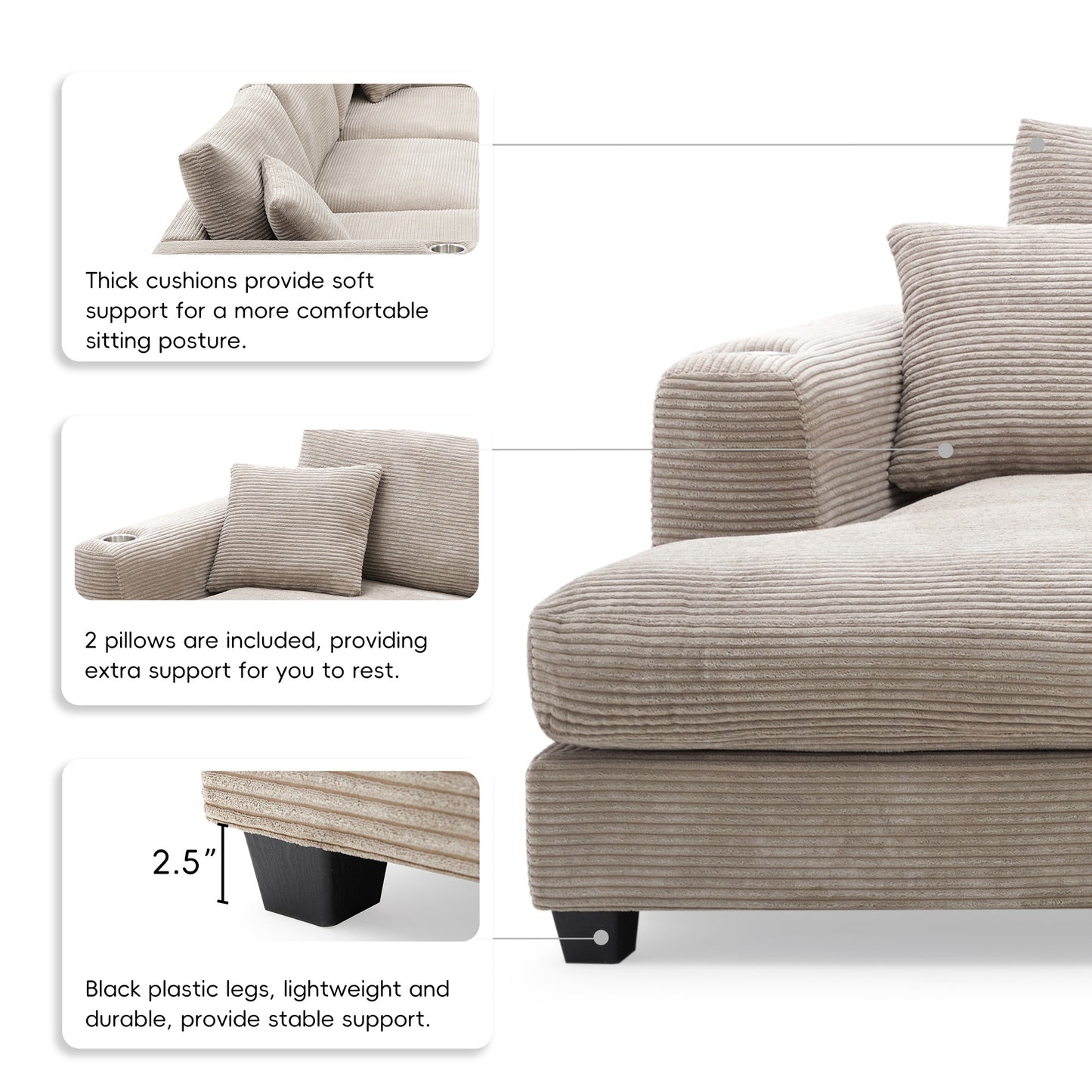 Oversized Corduroy Sectional Sofa, L Shaped Cloud Couch w/USB Charging Port, Cup Holder, Deep Seat Sofa Bed w/50" Chaise-Beige, Gray or Khaki