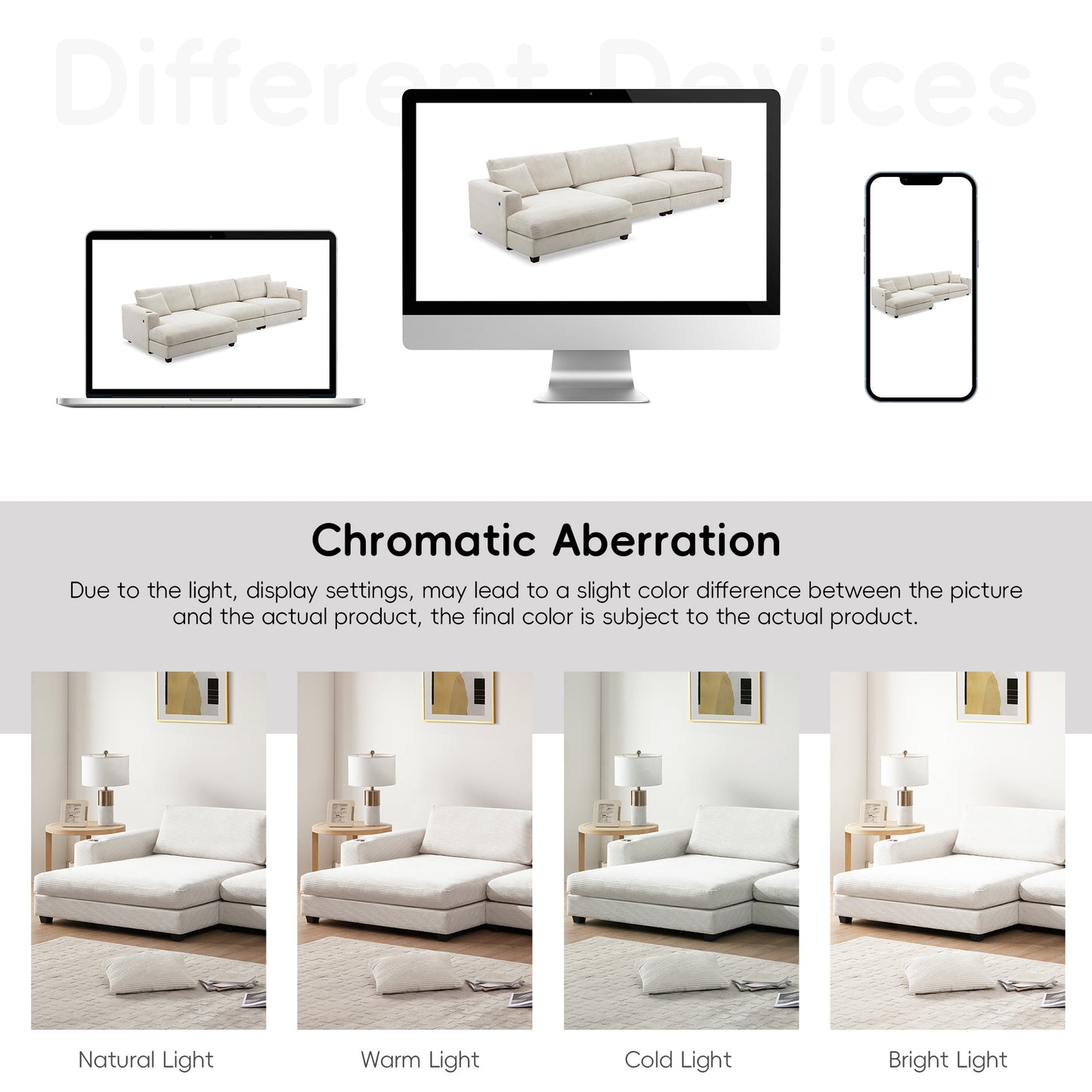 Oversized Corduroy Sectional Sofa, L Shaped Cloud Couch w/USB Charging Port, Cup Holder, Deep Seat Sofa Bed w/50" Chaise-Beige, Gray or Khaki