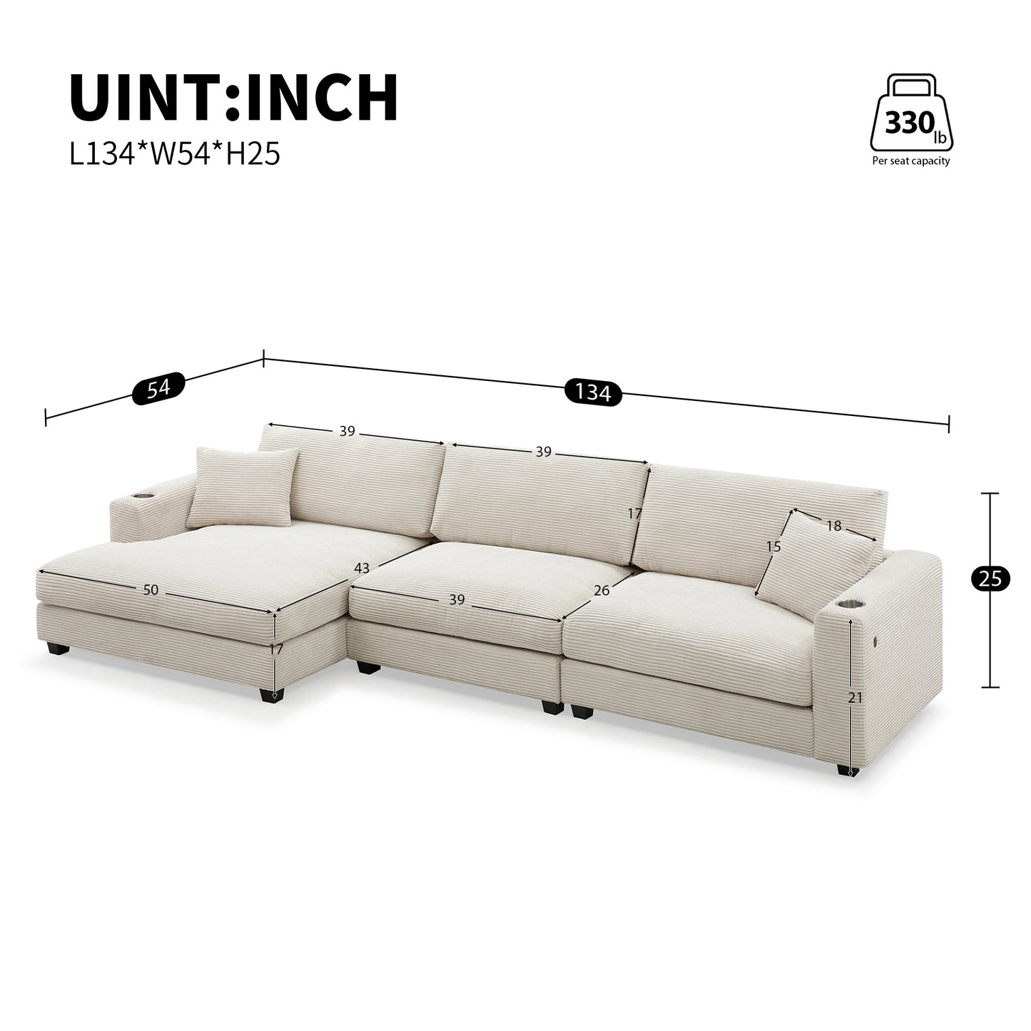 Oversized Corduroy Sectional Sofa, L Shaped Cloud Couch w/USB Charging Port, Cup Holder, Deep Seat Sofa Bed w/50" Chaise-Beige, Gray or Khaki