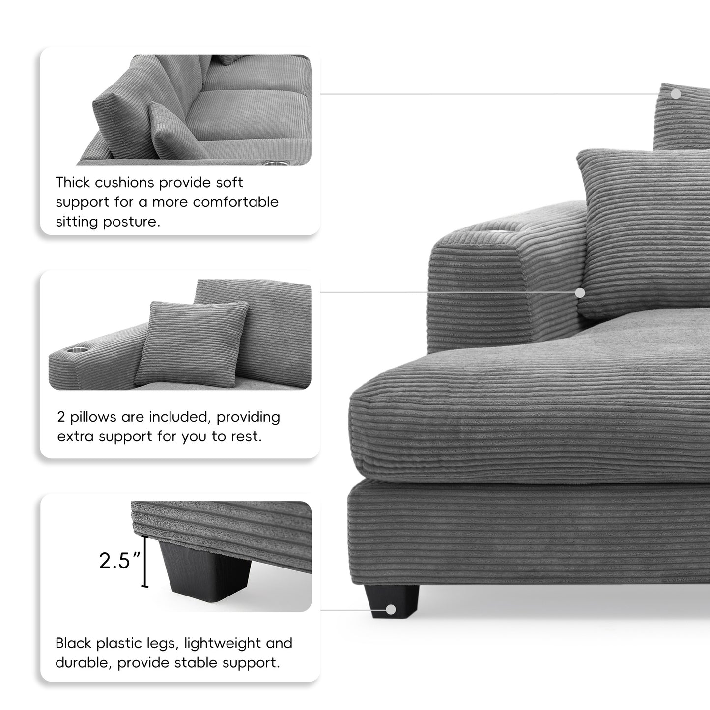 Oversized Corduroy Sectional Sofa, L Shaped Cloud Couch w/USB Charging Port, Cup Holder, Deep Seat Sofa Bed w/50" Chaise-Beige, Gray or Khaki