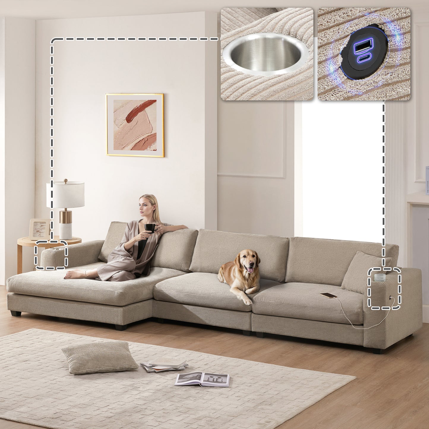 Oversized Corduroy Sectional Sofa, L Shaped Cloud Couch w/USB Charging Port, Cup Holder, Deep Seat Sofa Bed w/50" Chaise-Beige, Gray or Khaki