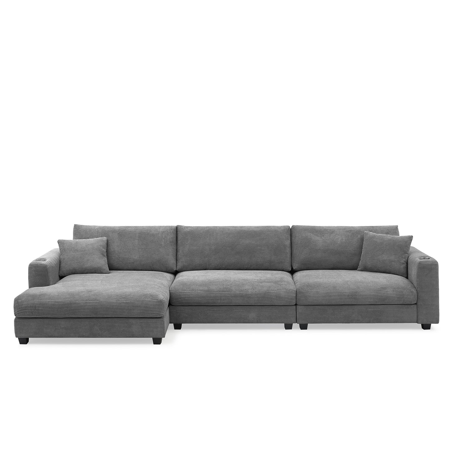 Oversized Corduroy Sectional Sofa, L Shaped Cloud Couch w/USB Charging Port, Cup Holder, Deep Seat Sofa Bed w/50" Chaise-Beige, Gray or Khaki