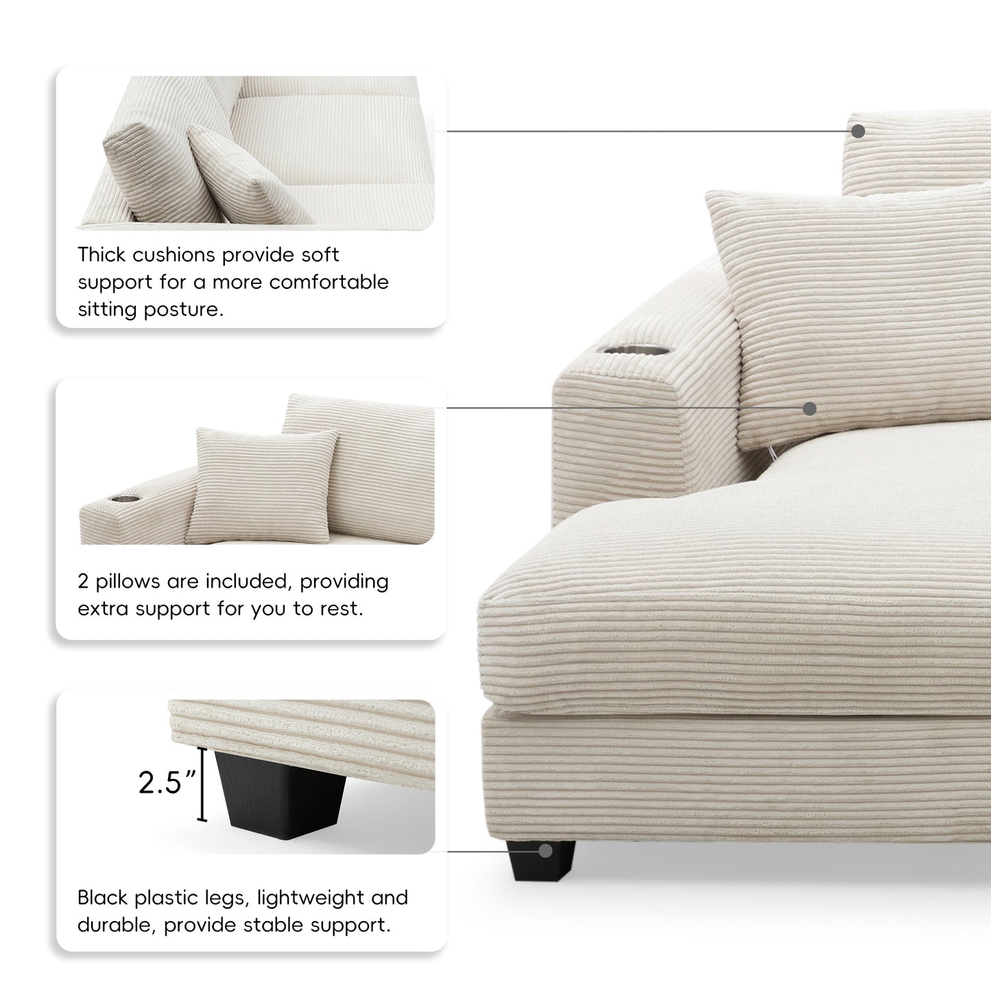 Oversized Corduroy Sectional Sofa, L Shaped Cloud Couch w/USB Charging Port, Cup Holder, Deep Seat Sofa Bed w/50" Chaise-Beige, Gray or Khaki