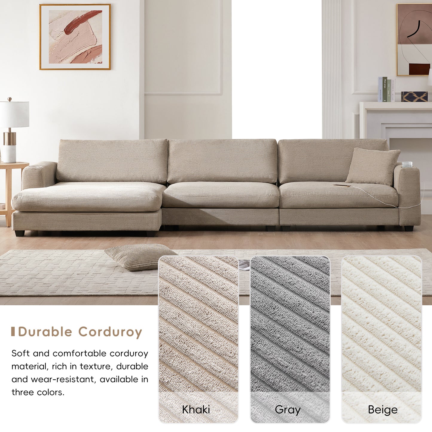 Oversized Corduroy Sectional Sofa, L Shaped Cloud Couch w/USB Charging Port, Cup Holder, Deep Seat Sofa Bed w/50" Chaise-Beige, Gray or Khaki