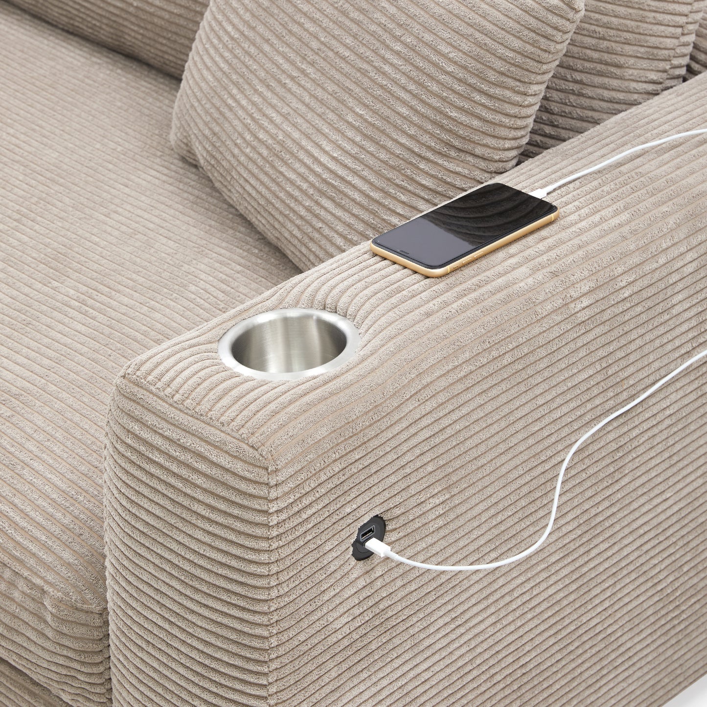 Oversized Corduroy Sectional Sofa, L Shaped Cloud Couch w/USB Charging Port, Cup Holder, Deep Seat Sofa Bed w/50" Chaise-Beige, Gray or Khaki