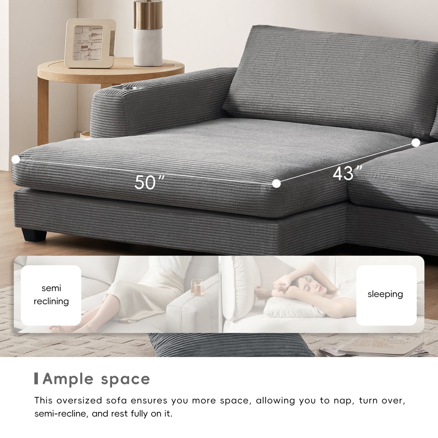 Oversized Corduroy Sectional Sofa, L Shaped Cloud Couch w/USB Charging Port, Cup Holder, Deep Seat Sofa Bed w/50" Chaise-Beige, Gray or Khaki