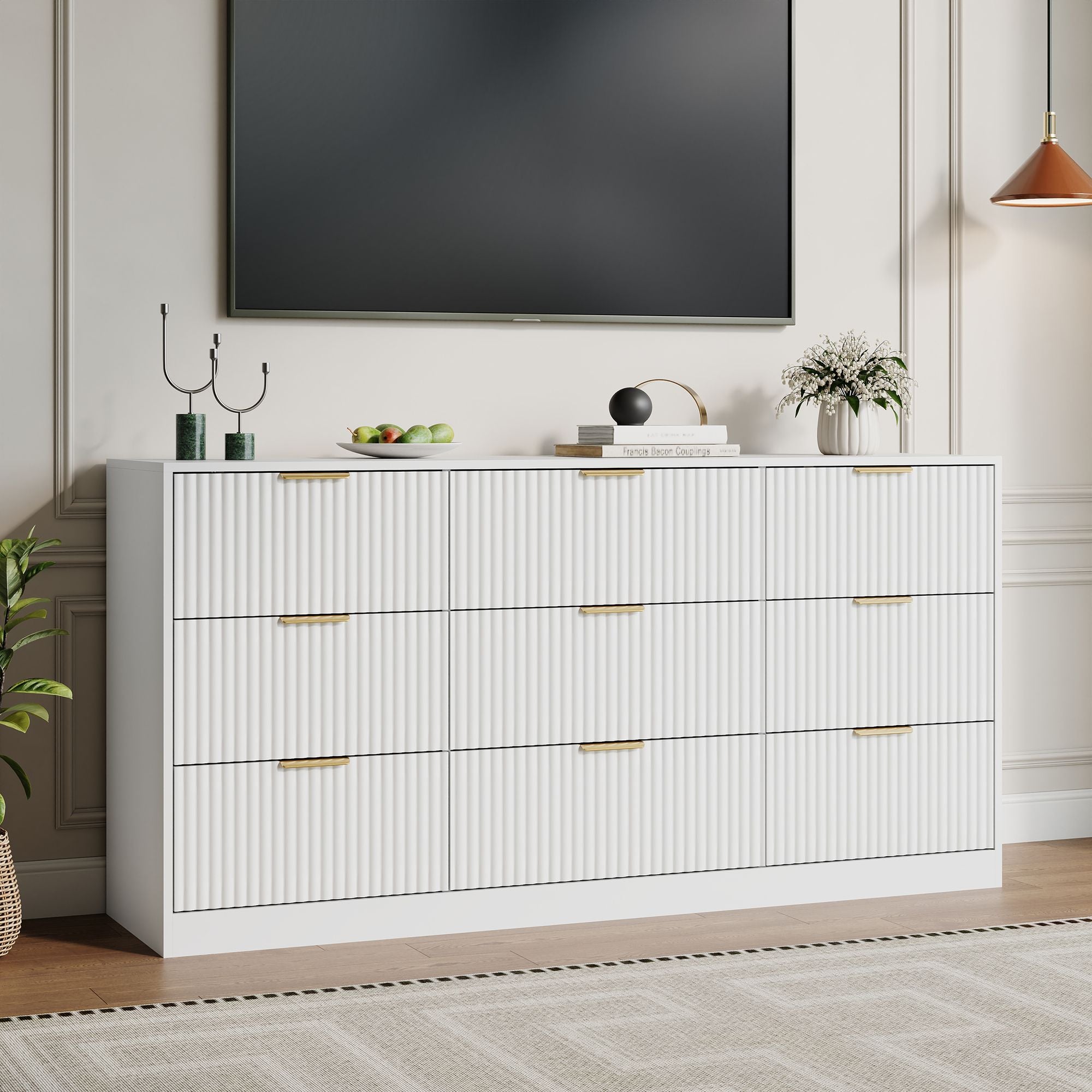 Modern Fluted 9-Drawer Dresser, Wood Storage Cabinet w/Golden Metal Ha