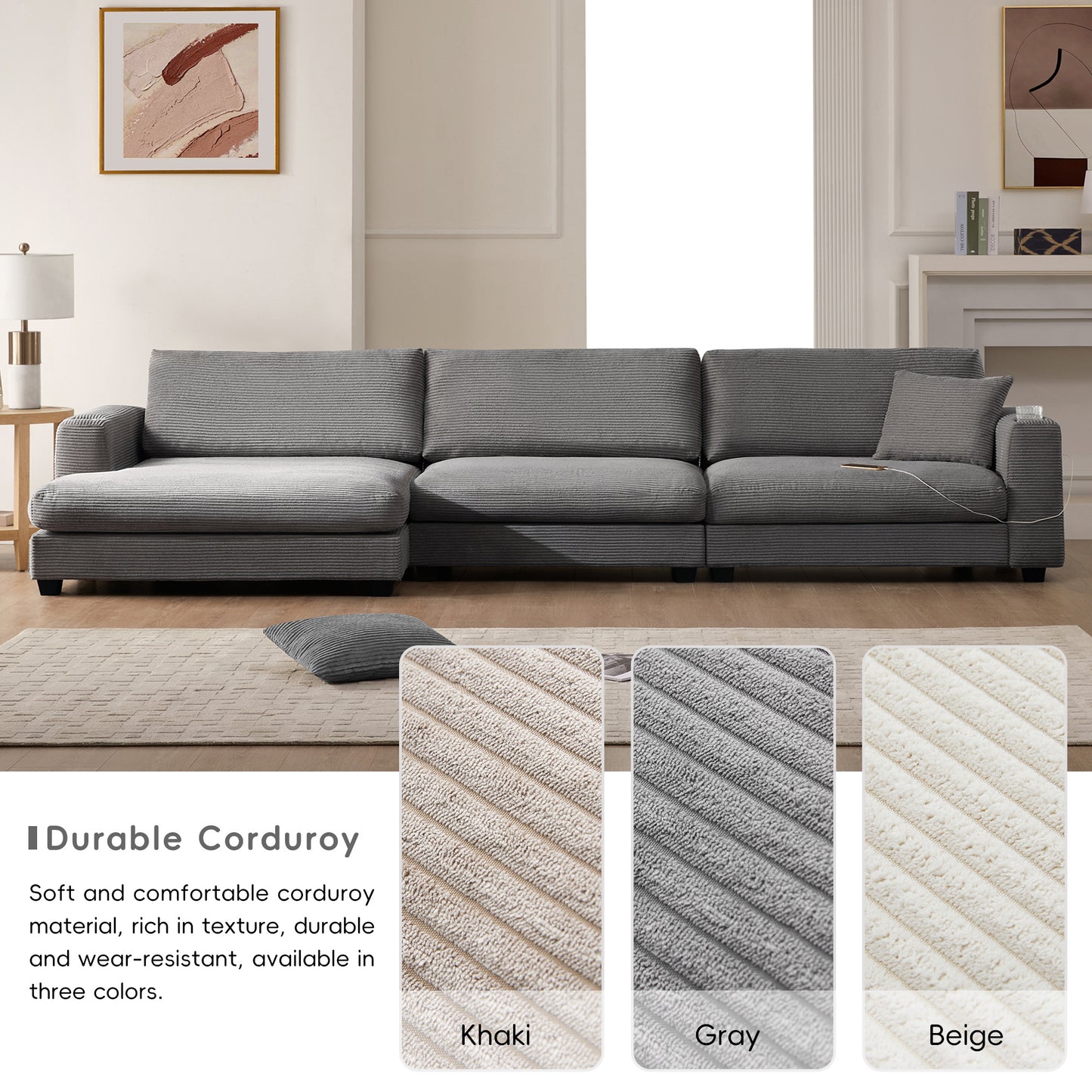 Oversized Corduroy Sectional Sofa, L Shaped Cloud Couch w/USB Charging Port, Cup Holder, Deep Seat Sofa Bed w/50" Chaise-Beige, Gray or Khaki
